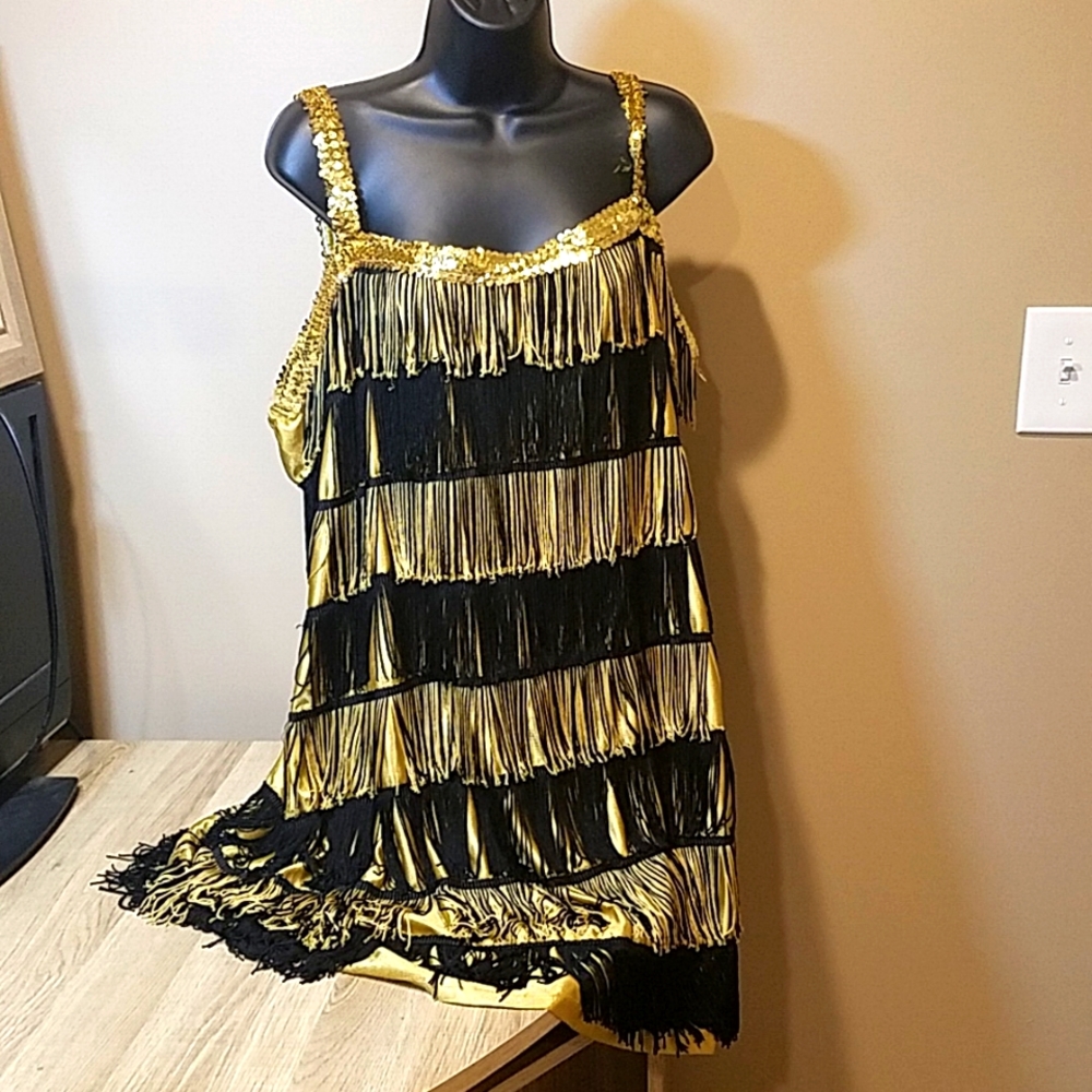 3 piece 1920s Flapper Costume,  Feather Headband & Long Strand of Pearls